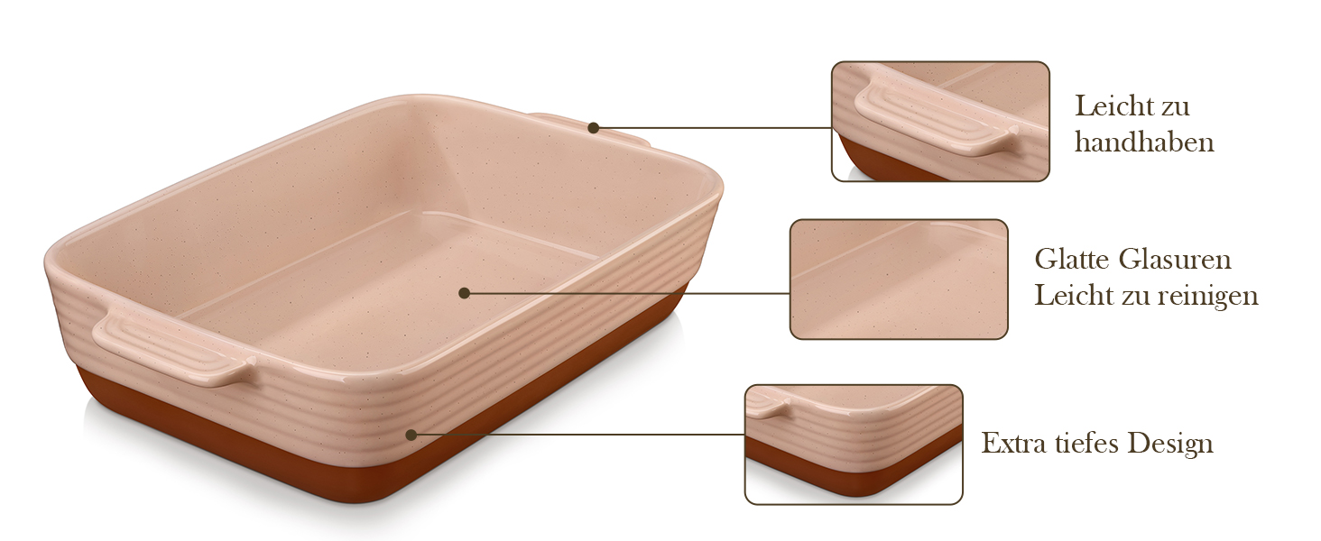 Форма для запікання MALACASA Serie TARA, 4.5л, кераміка, рожева, 35*23.8 см | Для лазаньї, тірамісу та запіканок
