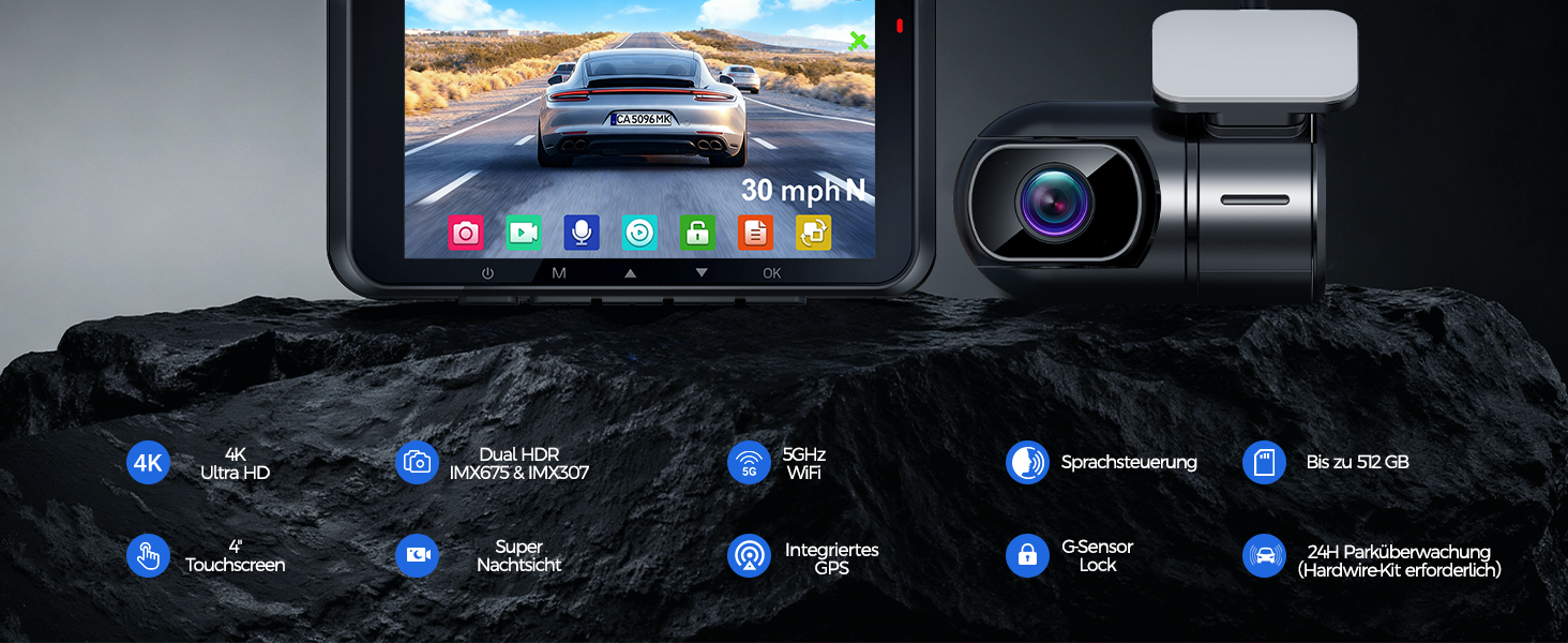 Відеореєстратор HUPEJOS 4K для авто (двоканальний, STARVIS, HDR, GPS, WiFi, нічна зйомка, 64GB карта в комплекті)