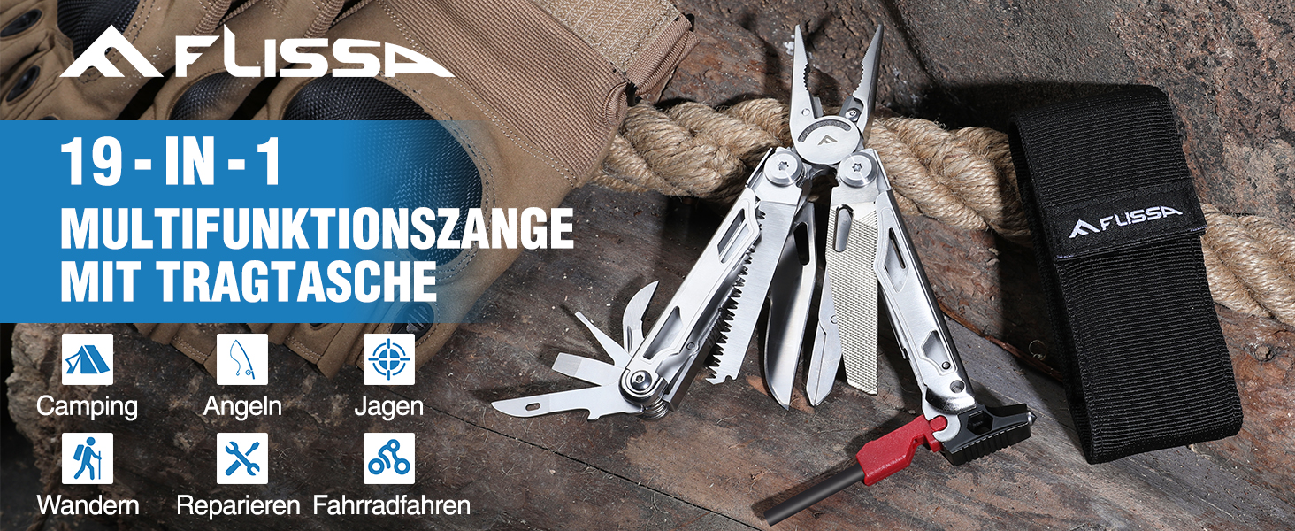 FLISSA 19-in-1 Multifunction Pliers - Multitool with Glass Breaker & Fire Starter - Stainless Steel Camping & Repair Tool with Carrying Case