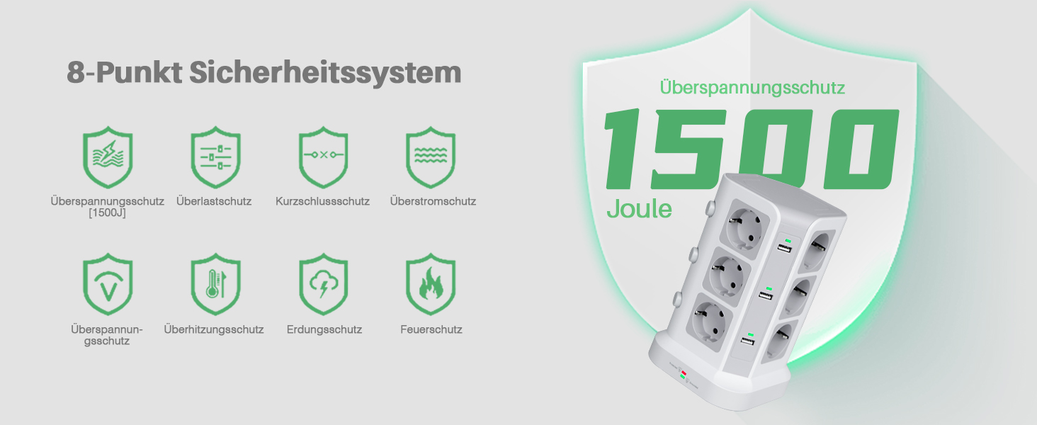 Стедова колонка KOOSLA з 12 розетками, захистом від перенапруги (4000W/16A) та 6 USB, 5м, білий - для офісу, кухні, столу
