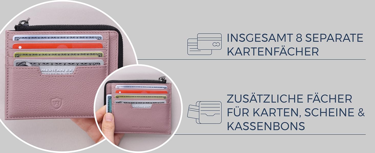 Шкіряний RFID картхолдер VON HEESEN з натуральної шкіри наппа, портмоне для кредитних карток на 9 відділень, унісекс (Коньяк/Лаванда)