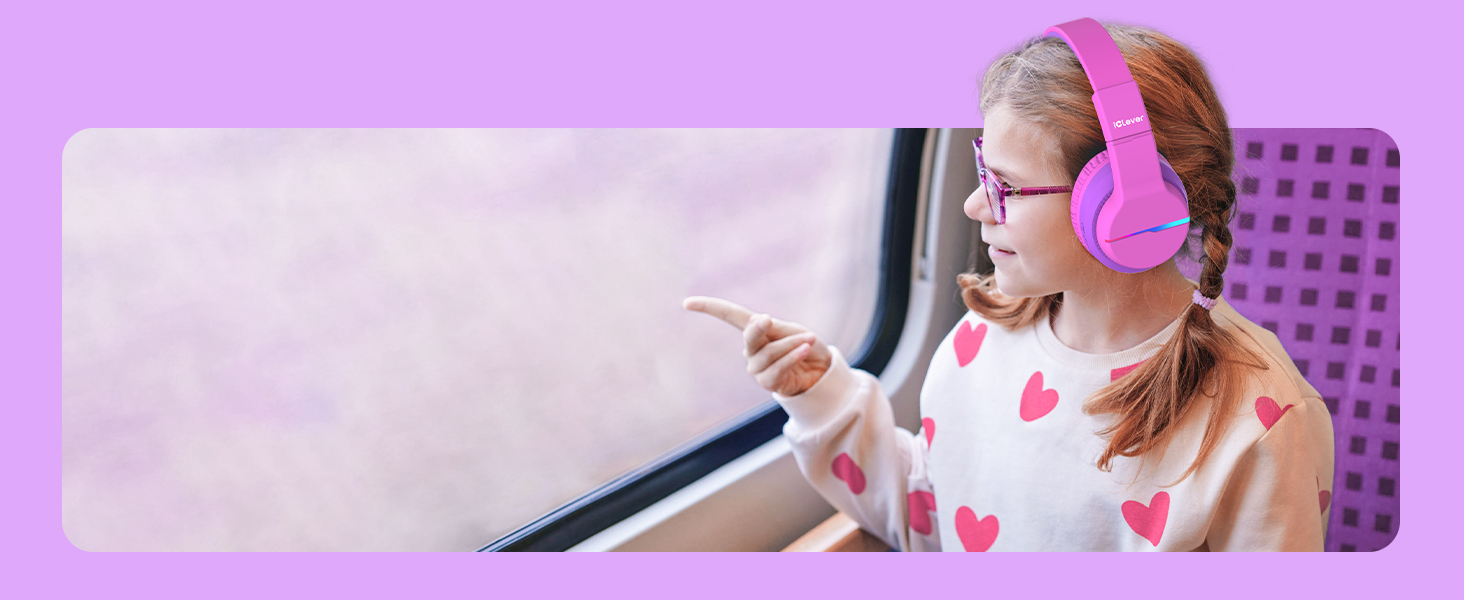 iClever Бездротові навушники для дітей з LED-підсвіткою, Over-Ear, Bluetooth 5.2, мікрофон, BTH12 Рожевий/Фіолетовий