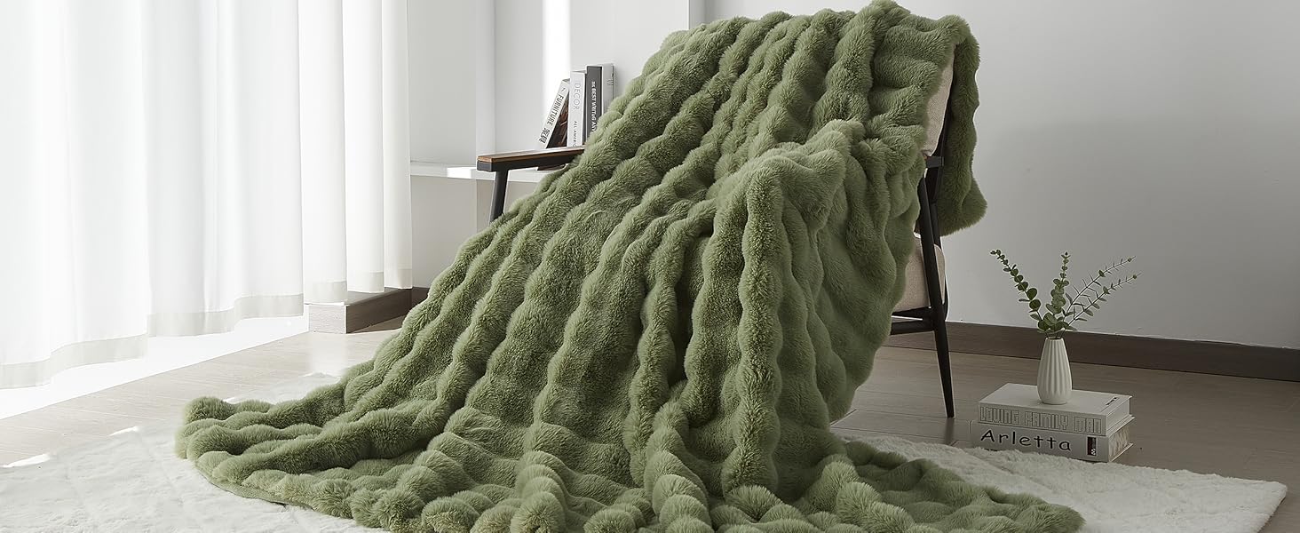 М'яка плюшева ковдра Luofanfei 180x200 см, салатово-кремовий колір, з ефектом 