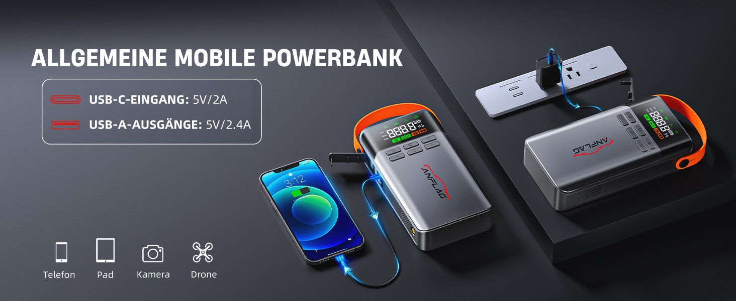 Powerbank для автомобіля з компресором 150PSI ANFLAG 5500A, стартер для бензинових та дизельних двигунів (12.0L), LCD дисплей, LED ліхтарик, подвійний USB, сірий