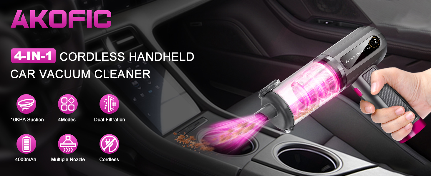 Портативний пилосос AKOFIC для авто, дому та офісу (16000Pa, бездротовий, з LED-дисплеєм, сірий)