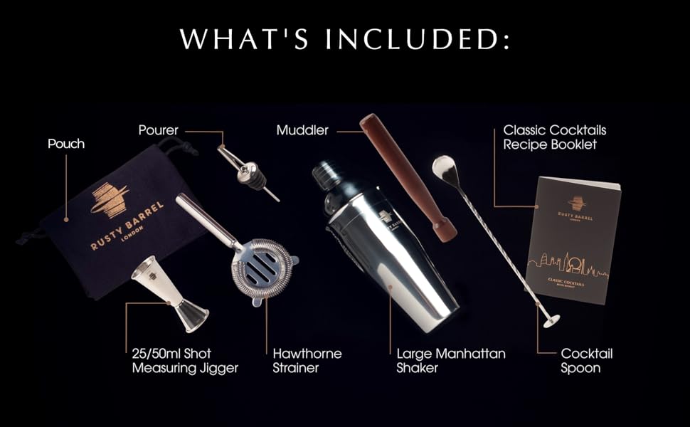 Набір для приготування коктейлів Chelsea – Рожеве золото. Повний набір: шейкер, прес, сито, мірний стакан, виливач, ложка, сумка та рецепти. У подарунковій коробці (Чорний)