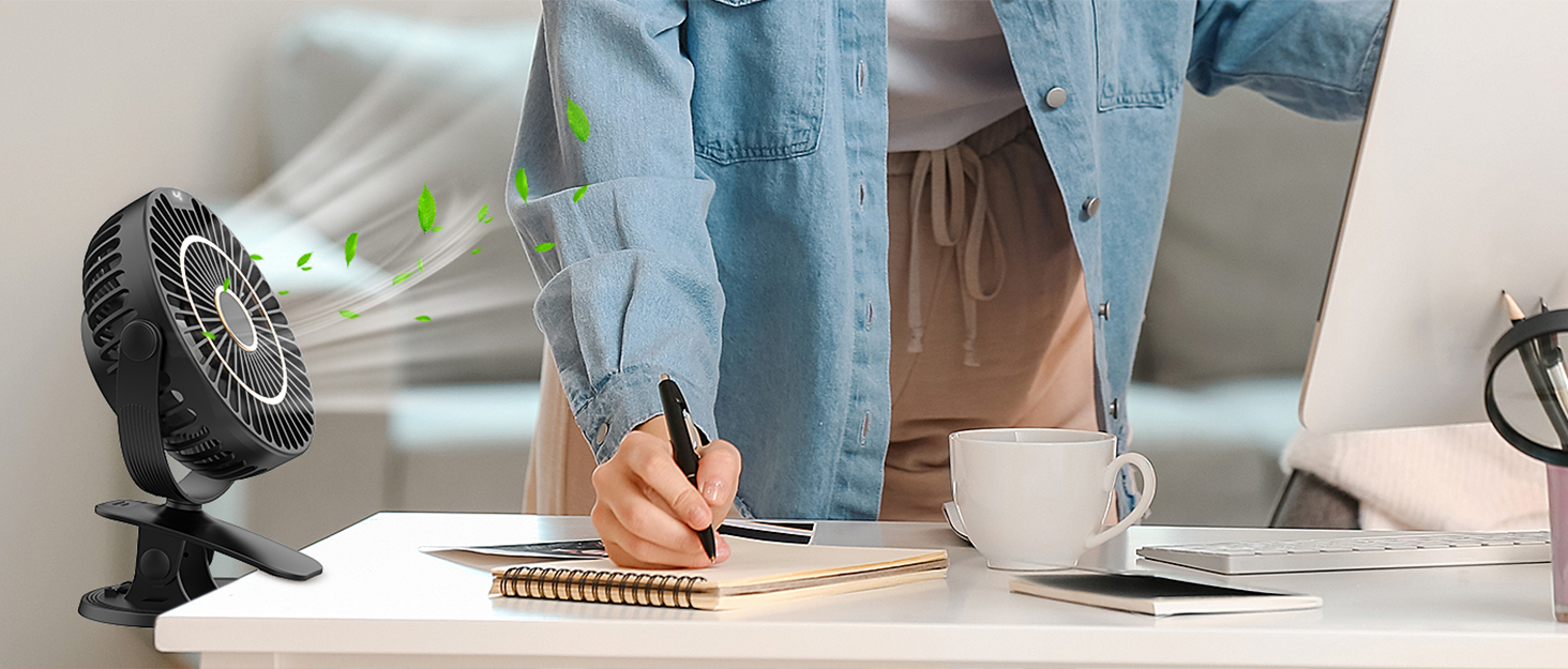 COZII Міні вентилятор на кліпсі USB, акумуляторний, тихий, 5 швидкостей, 720° оберт, 16 см, для дому, офісу, подорожей (білий)