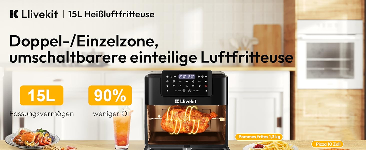 Фритюрниця повітряна LLIVEKIT 15L з 2 камерами, з оглядовим вікном, 2600W, 12-в-1, чорна, з таймером та 8 аксесуарами