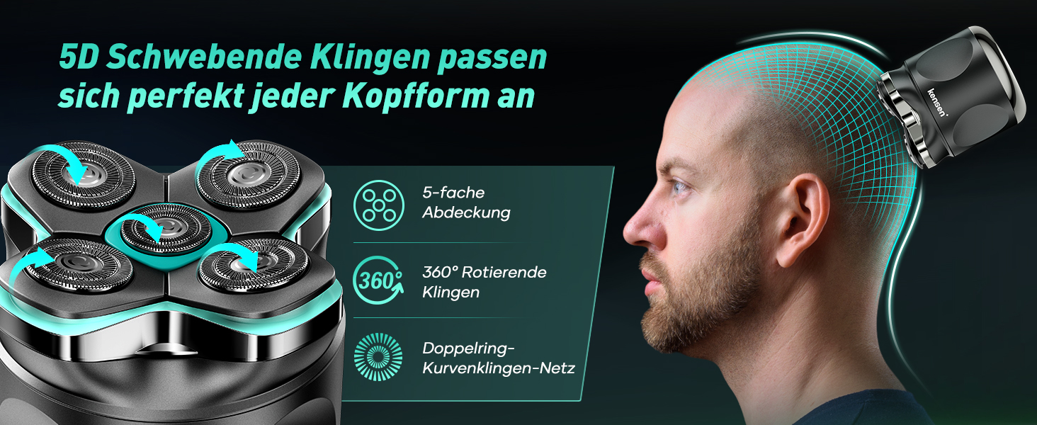 Електричний голковий бритва для чоловіків Glatzen Rasierer: бездротовий, вологостійкий, з 5D рухомою головкою, чорний