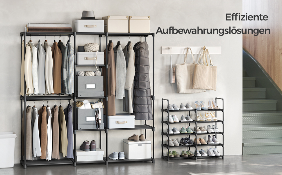 SONGMICS Шкаф для одягу, вішалка для одягу, гак для одягу, з вішалкою для одягу, полиці з тканини, металевий каркас, 182 x 43 x 182 см, чорний, RYG037B02