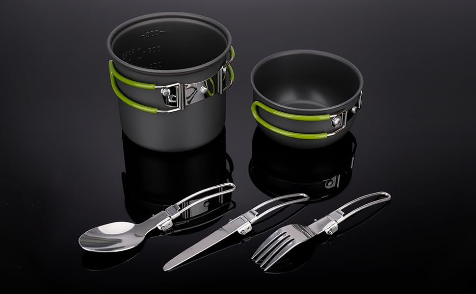Набір кухонного посуду ERBO для кемпінгу, 2 особи: каструля з алюмінію, складане приладдя, для пікніків, риболовлі та походів (зелений)
