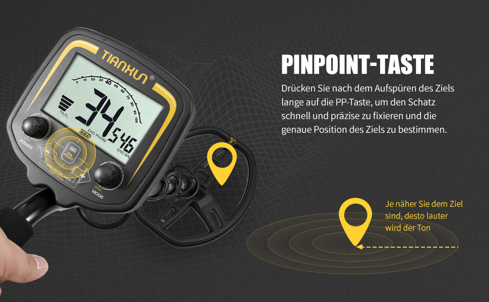 Металдетектор 13''/33см Profi з великою водонепроникною двокотушковою пошуковою котушкою, високою чутливістю та функцією Pinpointer, для пошуку золота, для дорослих з LCD-дисплеєм (Сірий)