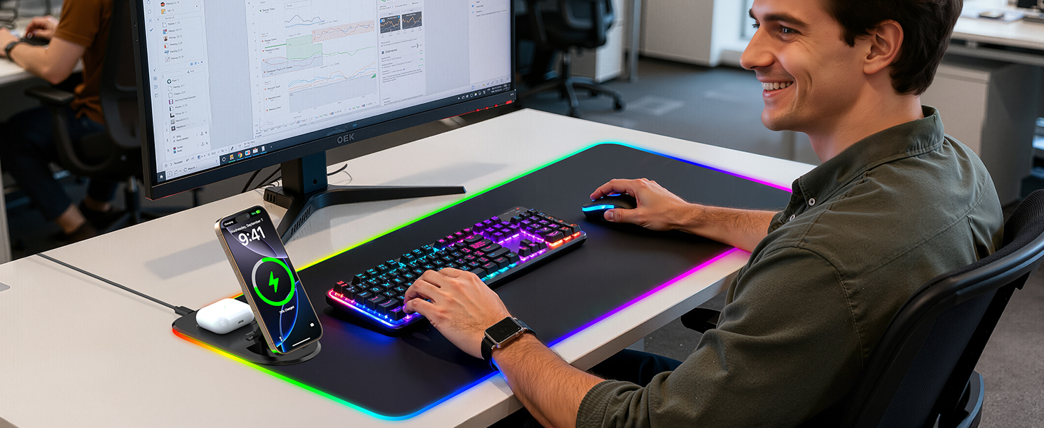 Ігровий RGB килимок для миші з бездротовою зарядкою Qi 15W, 800x350x4мм, 10 режимів підсвічування, швидка зарядка 10W для iPhone та навушників, водонепроникний, протиковзаючий (Чорний)