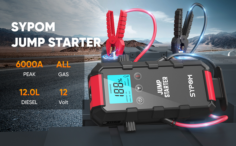 Портативний пусковий пристрій для автомобіля: 6000A, 12V, LED-ліхтарик, для бензинових та дизельних двигунів до 12.0L