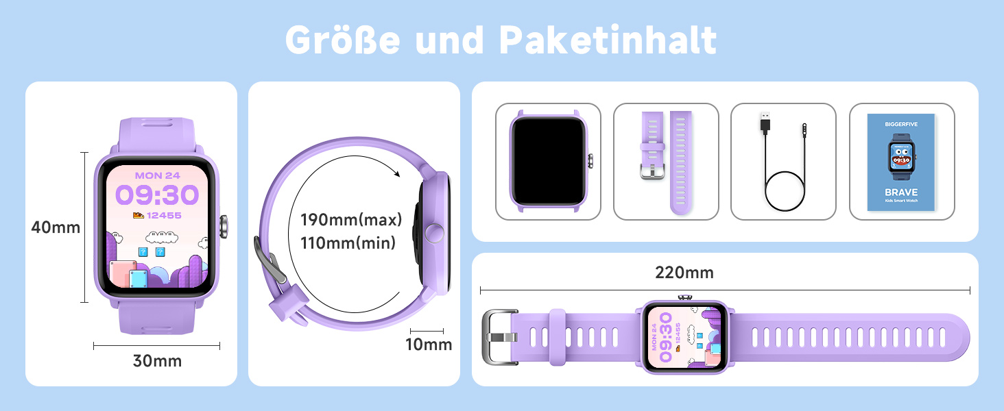 Смарт-годинник BIGGERFIVE для дітей, фітнес-трекер з пульсометром, крокомером, монітором сну, будильником та іграми, 1.5' HD-сенсорний екран, водонепроникність 5ATM, для дівчаток 3-14 років, колір: фіолетовий