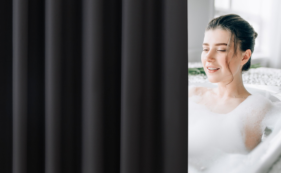 Прозорий душовий завіс AooHome 180x200 см з магнітами, антигрибковий, водонепроникний, з 12 кільцями, шестикутний малюнок, для ванни/душової кабіни (Чорний)