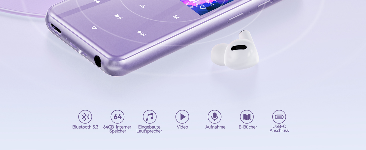 MP3 плеєр AGPTEK 64GB з Bluetooth 5.3, TFT-дисплеєм, FM-радіо та підтримкою до 128GB, фіолетовий