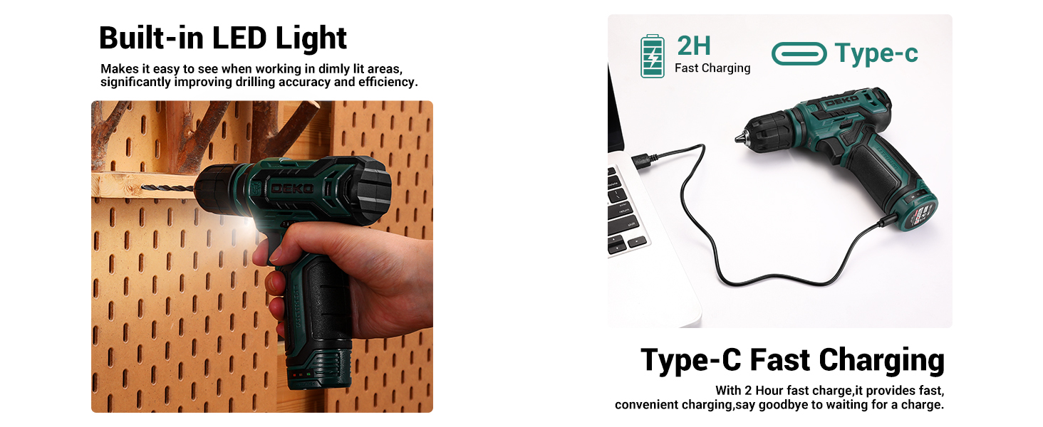 Набір акумуляторної дрилі DEKO 12V: 238 штук інструментів у кейсі. Акумуляторний дриль-шуруповерт для дому, жінок та базового ремонту. Зелений.