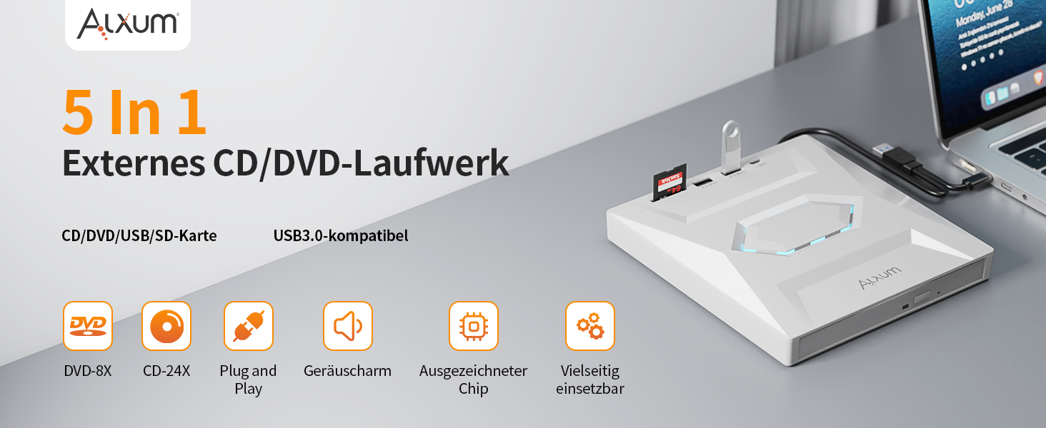 Зовнішній CD/DVD привід Alxum USB 3.0 з картридером SD/TF та додатковим USB-портом, білий