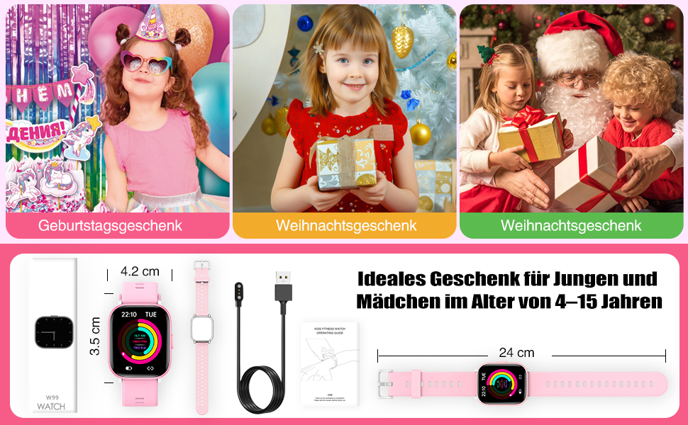 Дитячий розумний годинник для дівчаток та хлопчиків, 1.5' фітнес-трекер з 19 спортивними режимами, моніторингом сну, серцевого ритму, крокомером, IP68 водонепроникний, подарунок для дітей 6-15 років, рожевий