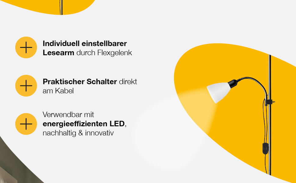 Стеля-прожектор Brilliant Spari з лампою для читання, чорний/білий – LED торшер – 1,8 м – сумісний з LED лампами (патрон E27 та E14) – регульована лампа для читання, чорний/білий. Без LED лампи.