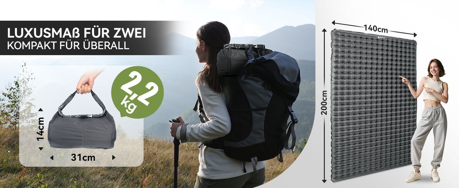 Каремат туристичний HIKENTURE 6.2 R-Wert для 2 осіб, 8 см, надувний, 140x200 см, для 4 сезонів, для кемпінгу, трекінгу, намету, пляжу