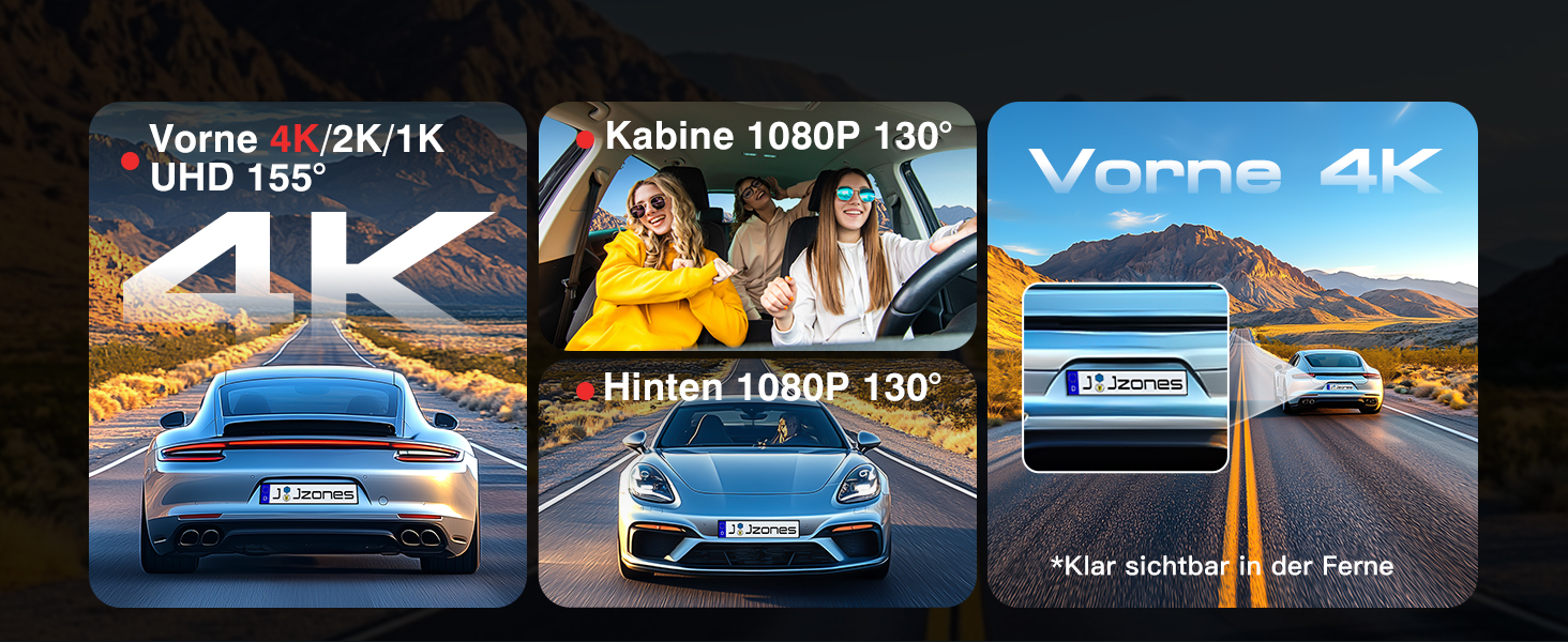 Відеореєстратор Jzones з GPS, WiFi, 4K+1080P, потрійна камера (передня, задня, внутрішня), 64GB SD, G-сенсор, нічне бачення, паркувальний режим, керування через додаток