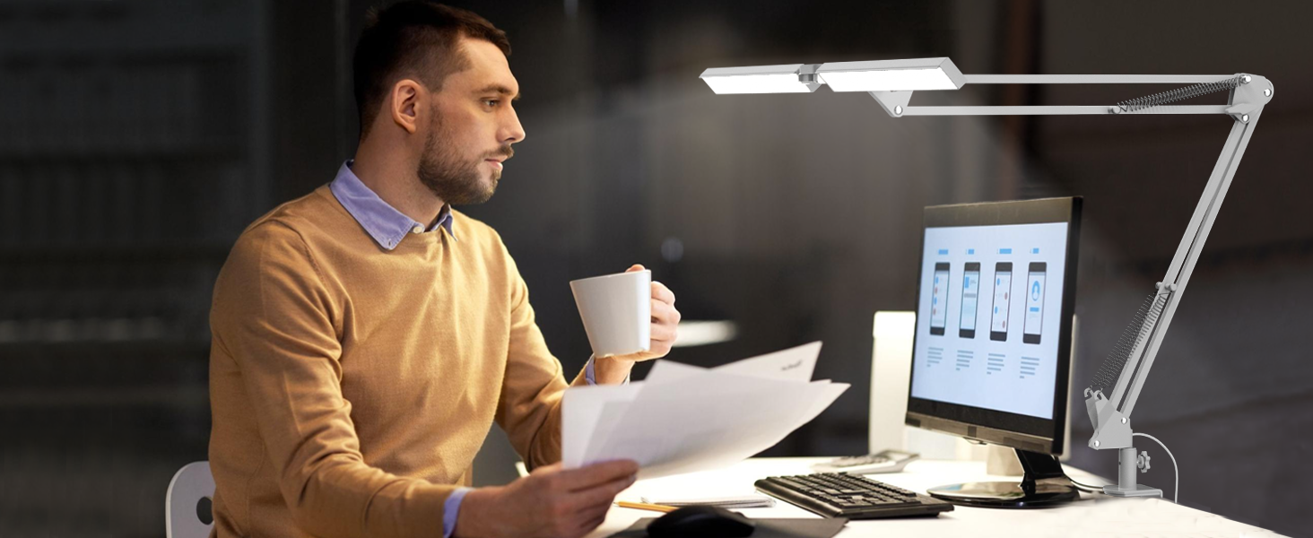 SKYLEO LED Desk Lamp with Dual Heads, Remote Control, Clamp-On, 2400 Lumens, 24W, 5 Color Temperature Modes, Timer & Memory, Easy Installation - For Office, Reading, 76cm Lamp Length with Clamp