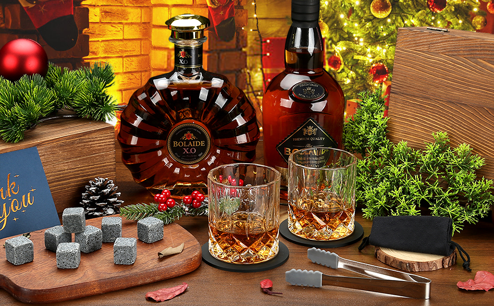 Склянки для віскі з гранітними кубиками, набір 2 шт, 310 мл, дерев'яна подарункова коробка