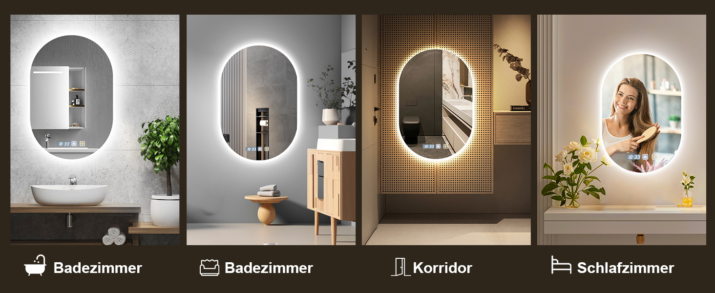 Дзеркало для ванної кімнати Viugreum з підсвічуванням 50x75 см, овальне LED дзеркало з регулюванням яскравості, 3 кольори світла, протитуманне покриття, годинник, сенсорне управління