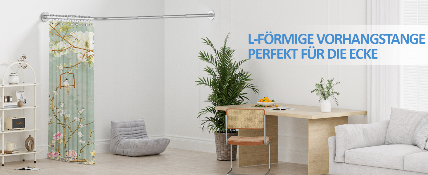 Регульована штанга для душу L-подібної форми, 60-134 см, з кріпленням для штори та підставкою для стелі, для ванни/ванної кімнати, срібна