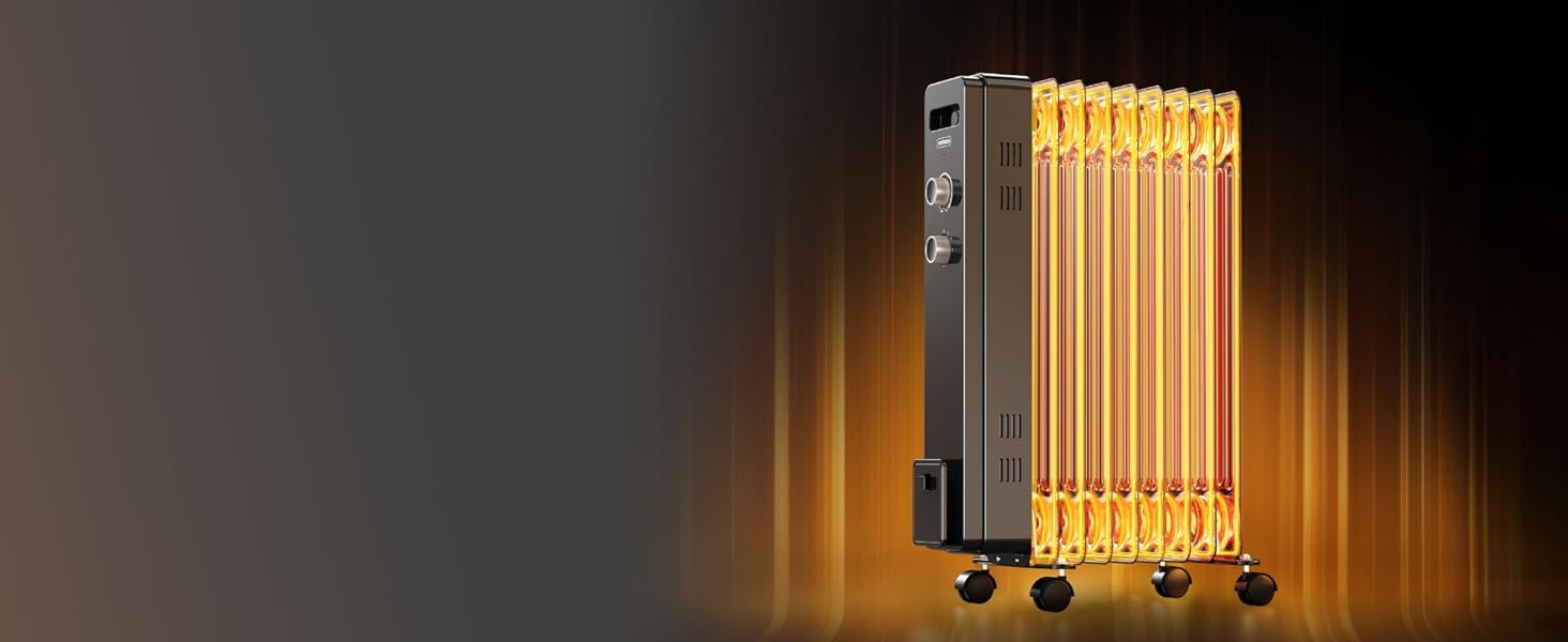 Масляний радіатор VonHaus 2000W з 9 ребрами, електричний, портативний, з термостатом, 3 режими нагріву, 4 колеса, 1.5м кабель (білий/чорний)