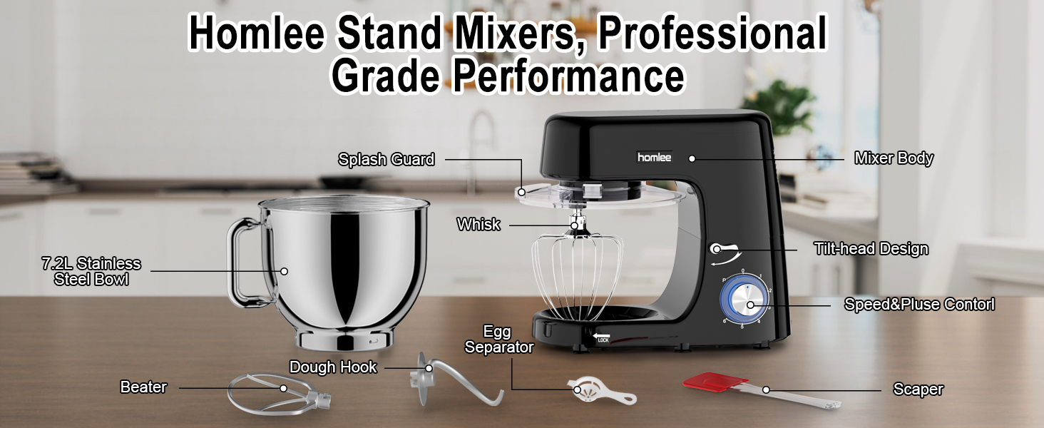 Кухонна машина-міксер 1800W з чашею 7.2L з нержавіючої сталі, 6 швидкостей, низький шум, мультифункціональна (міксер, гак для тіста, вінчик), з кришкою, чорний