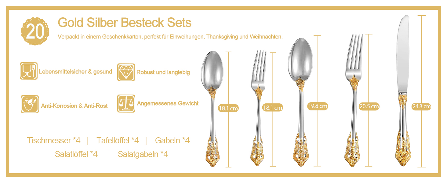 Набір столових приборів Prächtiges Barock 20 предметів з нержавіючої сталі 18/10 (золото-срібло) в подарунковій коробці - виделки, ложки, ножі