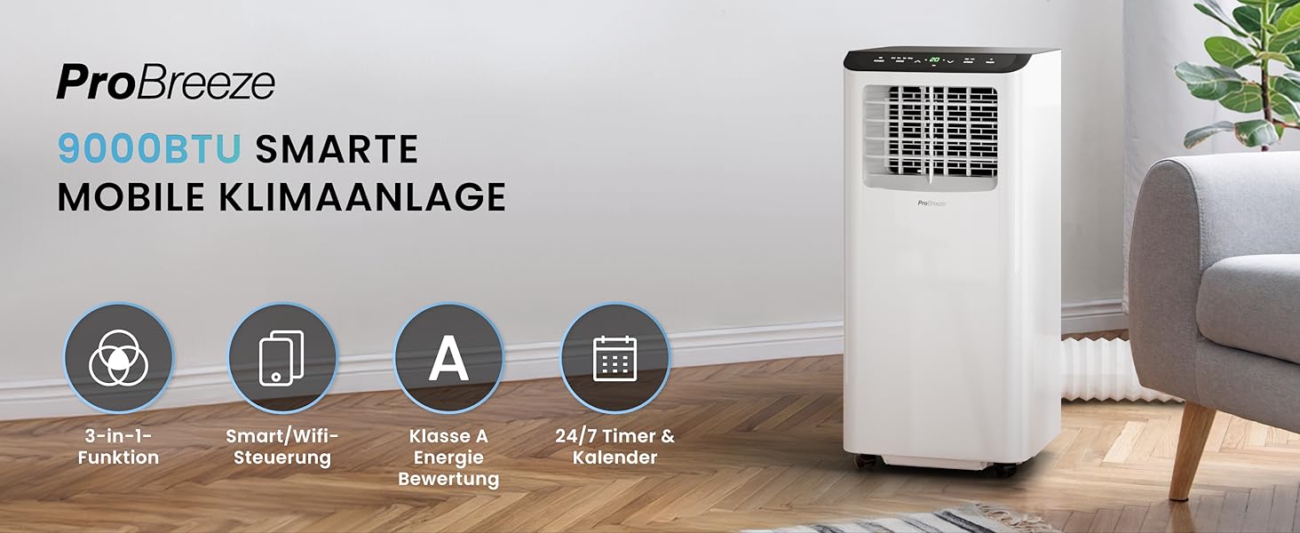 Мобільний кондиціонер Pro Breeze™ 9000 BTU 4-в-1: охолоджувач, вентилятор, осушувач, нічний режим, клас енергоефективності A, комплект для ущільнення вікна, пульт ДК та таймер 24 години, білий