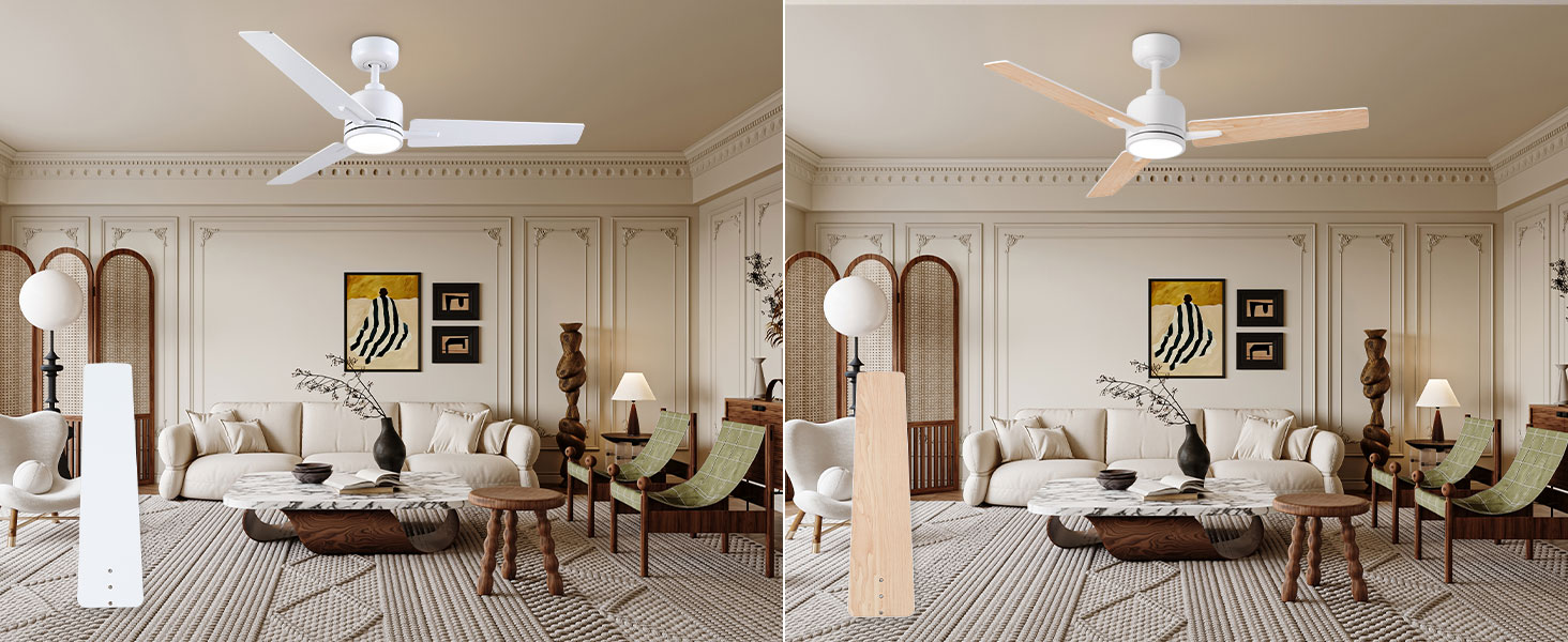 Стеля вентилятор Newday 122см з підсвічуванням та пультом керування, тихий, DC мотор, реверс для спальні/вітальні (білий, дерево)