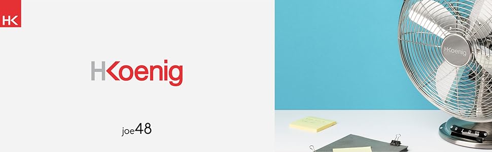 Електричний настільний вентилятор H.Koenig JOE48: тиха робота, металевий дизайн, 3 швидкості, фіксація/осіляція, регулювання кута нахилу, неслизька підставка