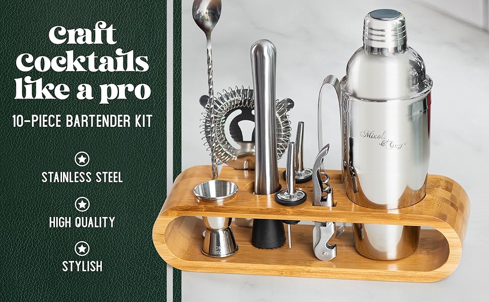 Stainless Steel Cocktail Shaker Set - 10 Piece Mixology Set with Bamboo Stand - Silver Bar Accessories Gift Set