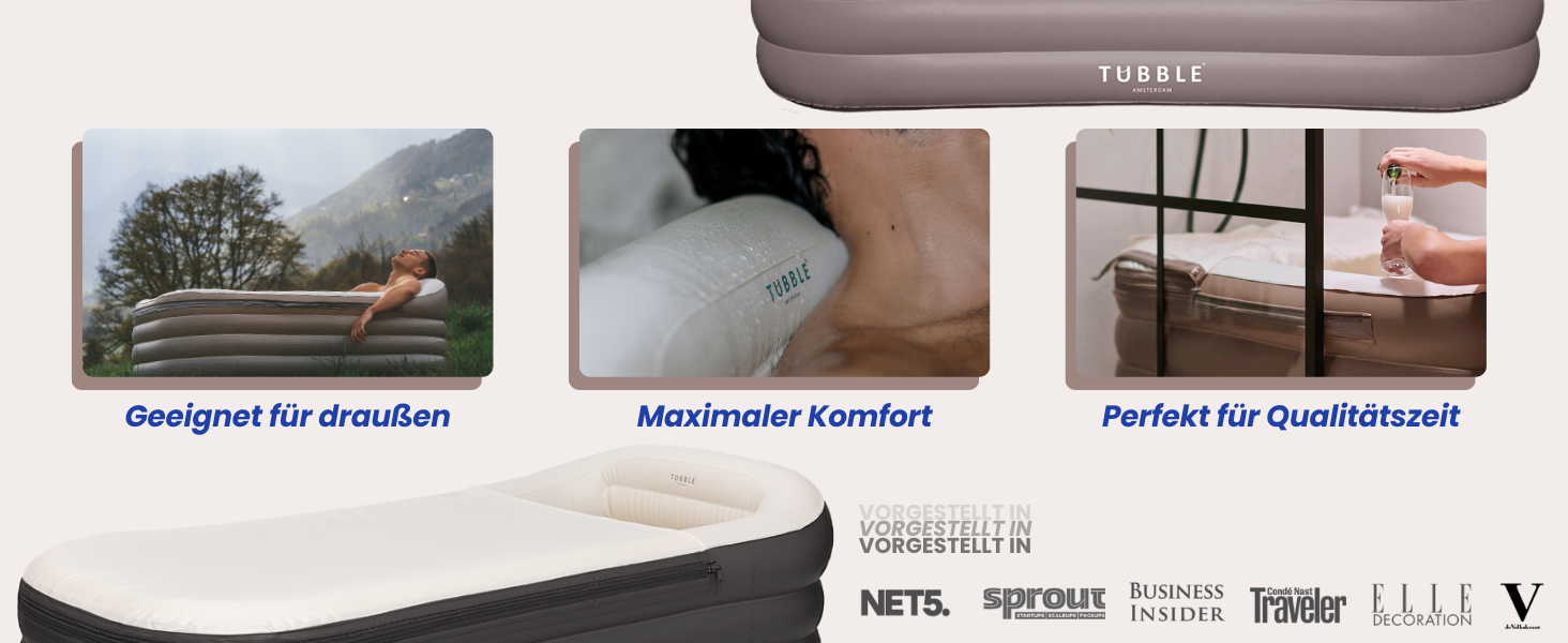 Надувна ванна Tubble Royale 255 літрів - складана ванна для дорослих, 188 см, монтаж за 1 хв, для дому та вулиці, Home Spa & Eisbad, Ambient Taupe