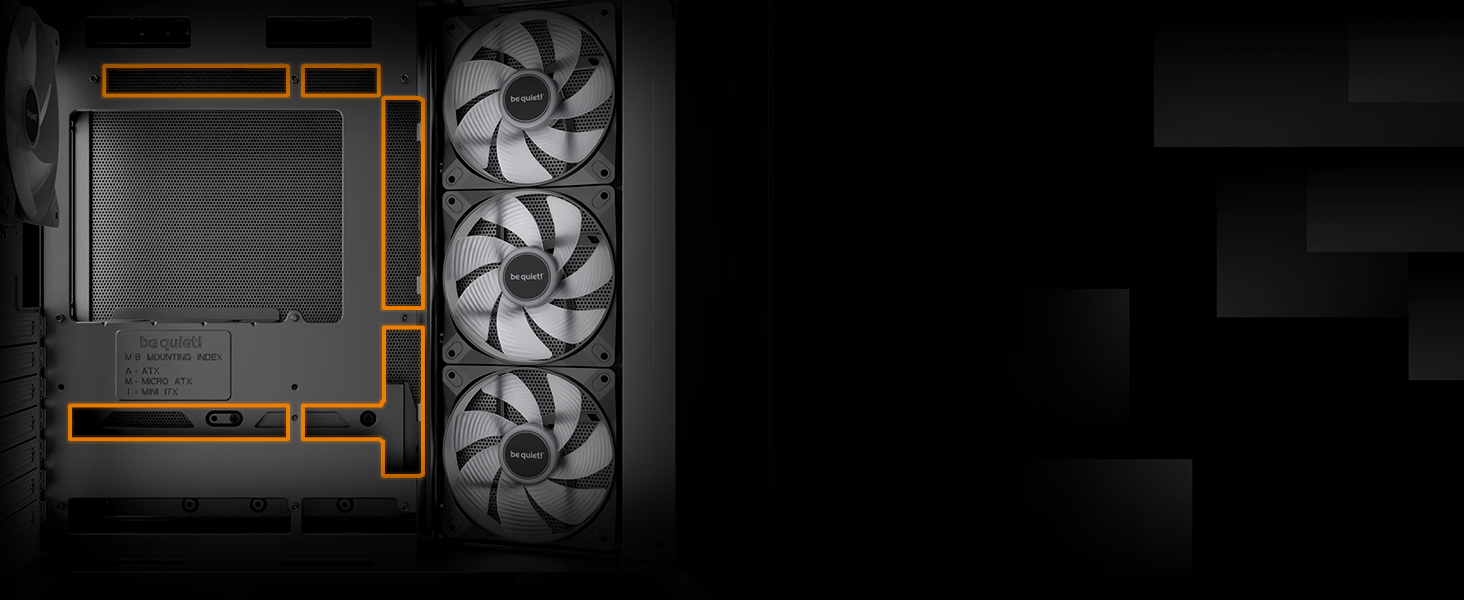 be quiet! Light Base 500 LX: Чорний корпус ПК з повністю прозорою передньою та бічною панелями, Show Case, Dual Chamber Design, 4 вентилятори Pure Wings 3 PWM, без RGB, задній порт-дизайн