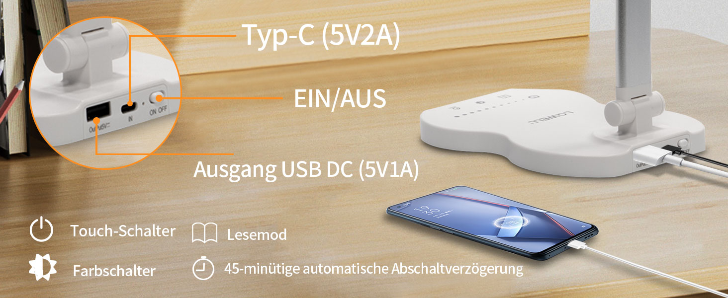 LED лампа настільна LQWELL® QM019 з диммуванням, USB-зарядкою, сенсорним керуванням та пам'яттю для дітей та офісу. 5 кольорів, 10 рівнів яскравості, металевий корпус, для захисту очей.