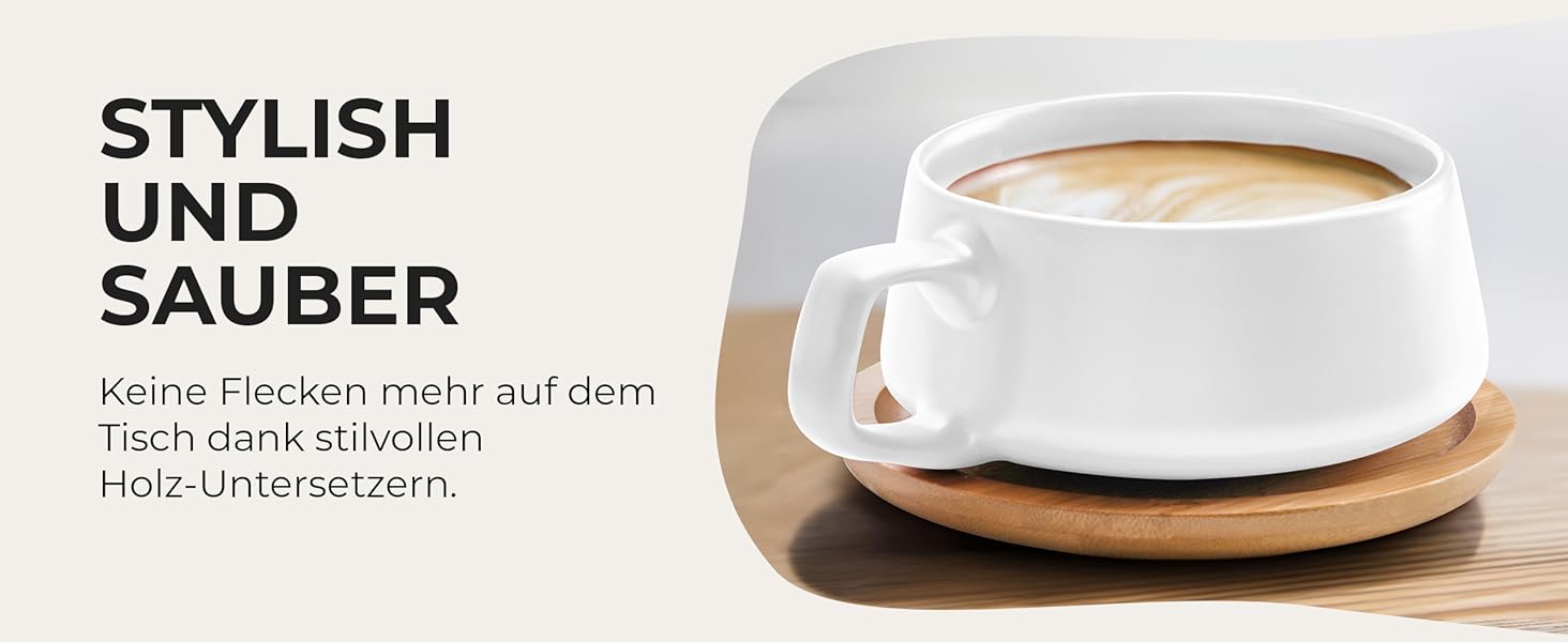 MIAMI - Set of 4 x 320 ml Coffee Cups/Cappuccino Cups with Saucers/Elegant/Modern/Coffee Cups made of Stoneware - Luxe Collection 4-Piece Set (White)