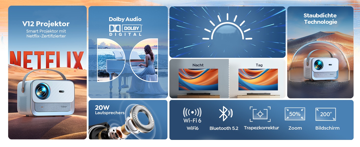 YABER V12 проєктор 4K: Full HD, WiFi6, Bluetooth 5.2, автофокус, 60Hz, 20W Dolby, для дому та на вулицю, 50% Zoom