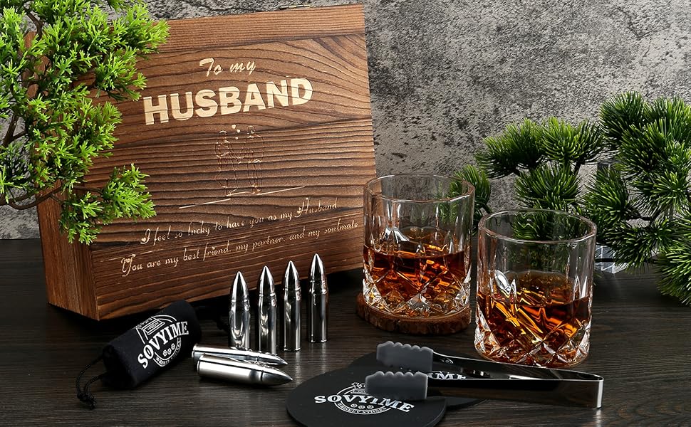 Склянки для віскі з гранітними кубиками льоду, 2 шт., дерев'яна подарункова коробка. Ідеальний подарунок для любителів віскі, чоловіків, на Різдво, День народження, День батька (310 мл). Рельєфні круглі.