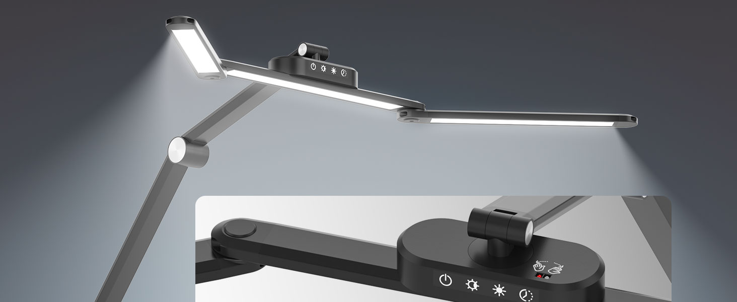 LED лампа для столу Rigors 60 см з двома головками, диммування, 900 лм, денне світло, захист очей, кріплення, 5 кольорів, 10 рівнів яскравості, гнучкий шийка 360°, з адаптером живлення (Th-black)