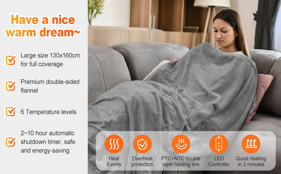 Електрична грілка з таймером 160x130 см | 6 температурних режимів, пульт керування, прання до 40°C, сірий колір