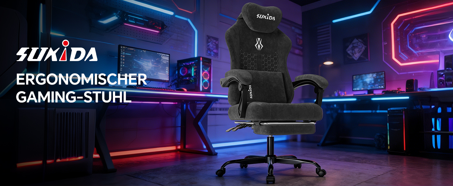 Ігрове крісло SUKIDA Ergonomic Pureblack: ергономічний офісний стілець з підскладною підставкою для ніг, підголівником та поперековою підтримкою, тканинна оббивка