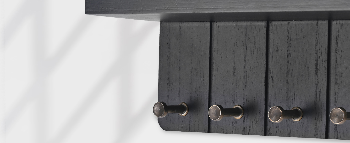 Дерев'яне ключниця з полицею, настінна | 5 гачків | для прихожей, кухні, спальні (чорний)