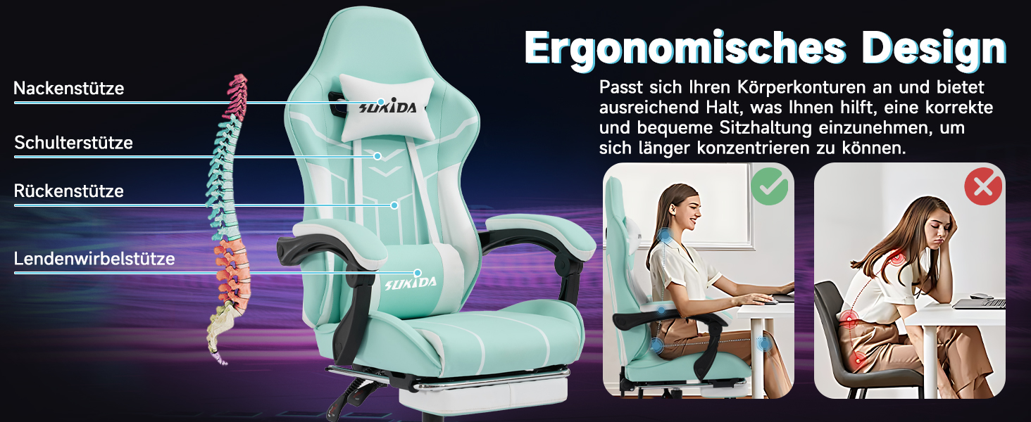 Ігрове крісло SUKIDA Ergonomic Gaming Chair з підставкою для ніг та підтримкою попереку, фіолетово-біле
