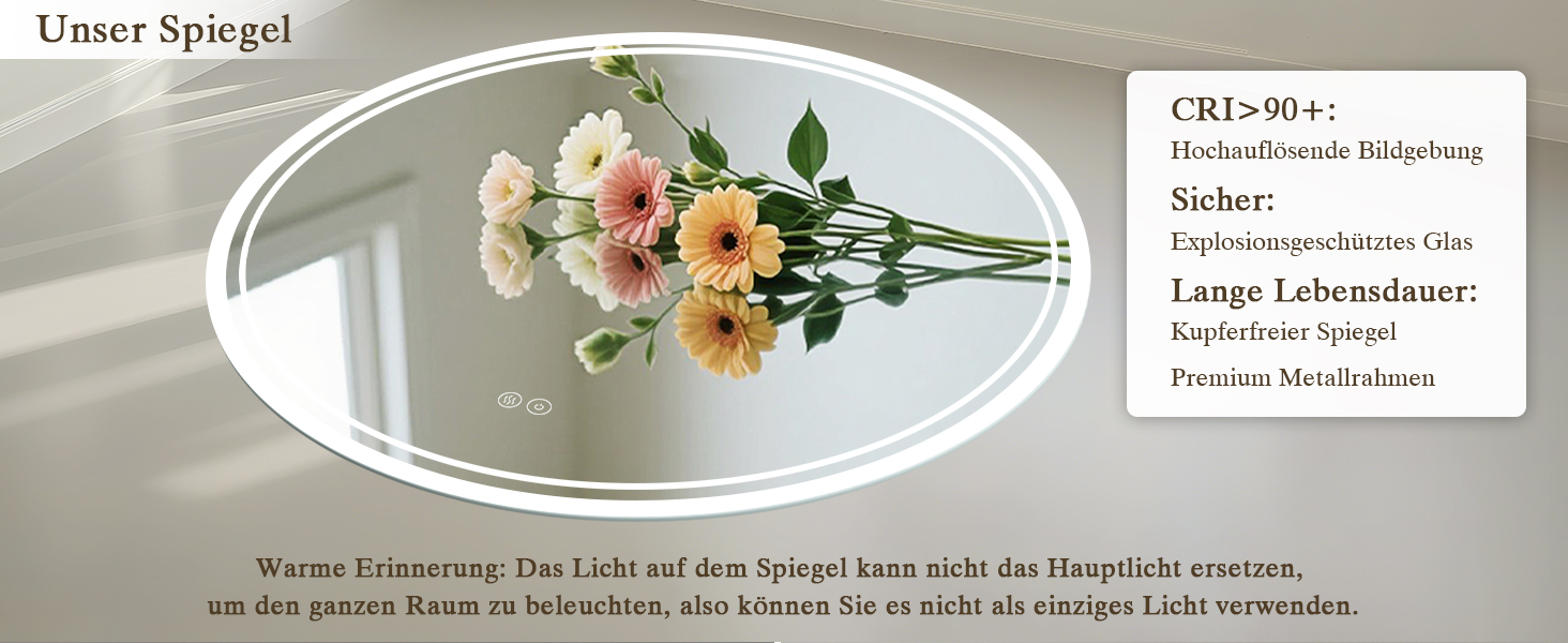 Дзеркало для ванної кімнати з підсвічуванням LED, антизапар, сенсорне управління, регулювання яскравості, 3 кольори світла, функція пам'яті, захист від вибуху, кругле дзеркало 50 см